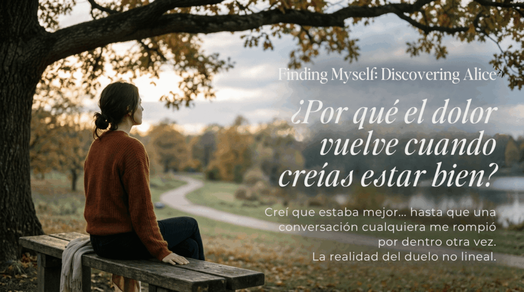 Mujer sentada en un banco de parque frente a un lago, reflexionando sobre el duelo no lineal y por qué el dolor emocional regresa.